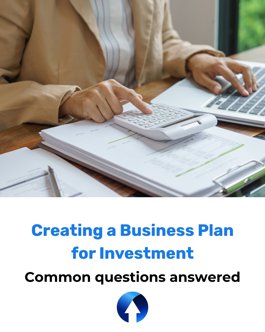 A woman works out sums on a calculator with her business plan for investment on her desk