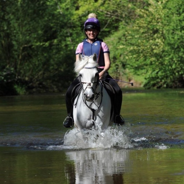 Pauline Healey from Logical BI rides her White horse through a lake