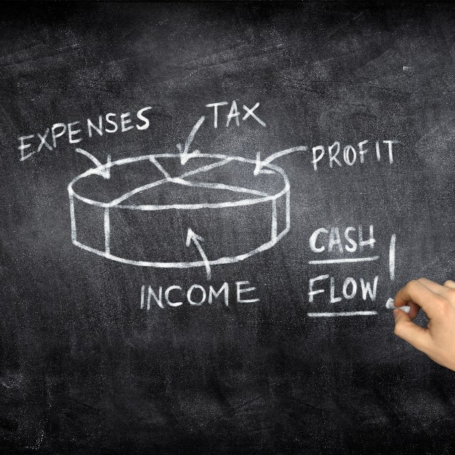 Blackboard with a chalk diagram of a pie chart - the biggest wedge is labelled income, the other 3 wedges are labelled: Expenses, Tax and Profit.