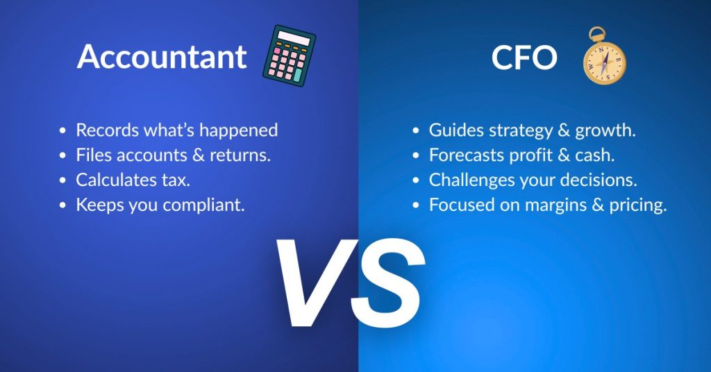 Blue Vs graphic showing the key differences between an accountant and CFO.