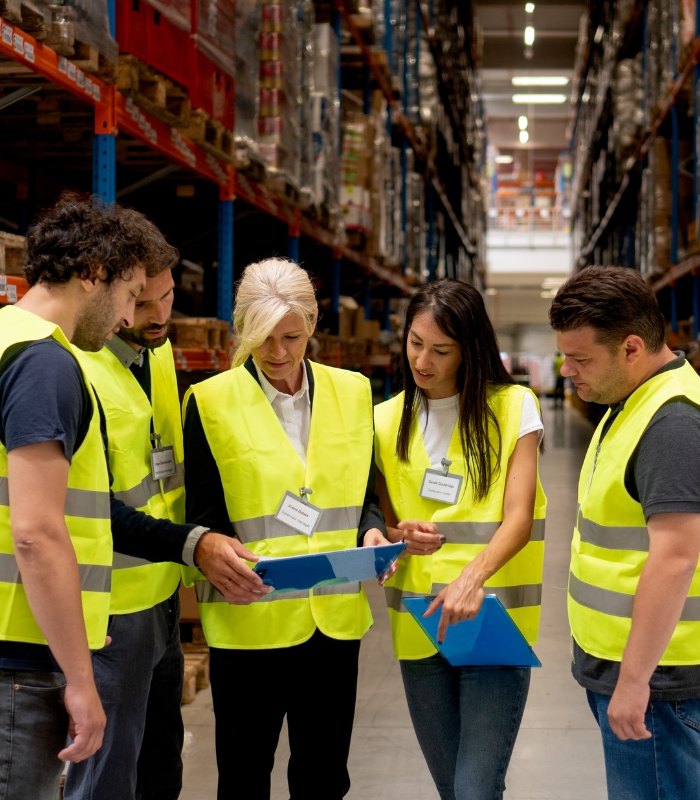A group of 5 workers wearing hi-vis jackets huddled together in a warehouse looking at data