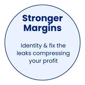 light blue circular graphic with the text: Stronger Margins - Identify and fix the leaks compressing your profit