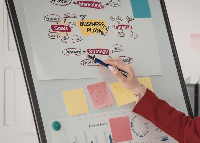 A lady writes out a business plan on a whiteboard