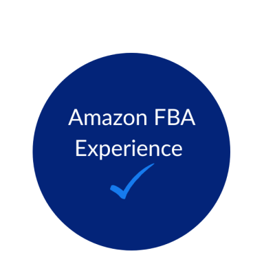 Dark blue circle graphic with white writing which says "Amazon FBA Experience".